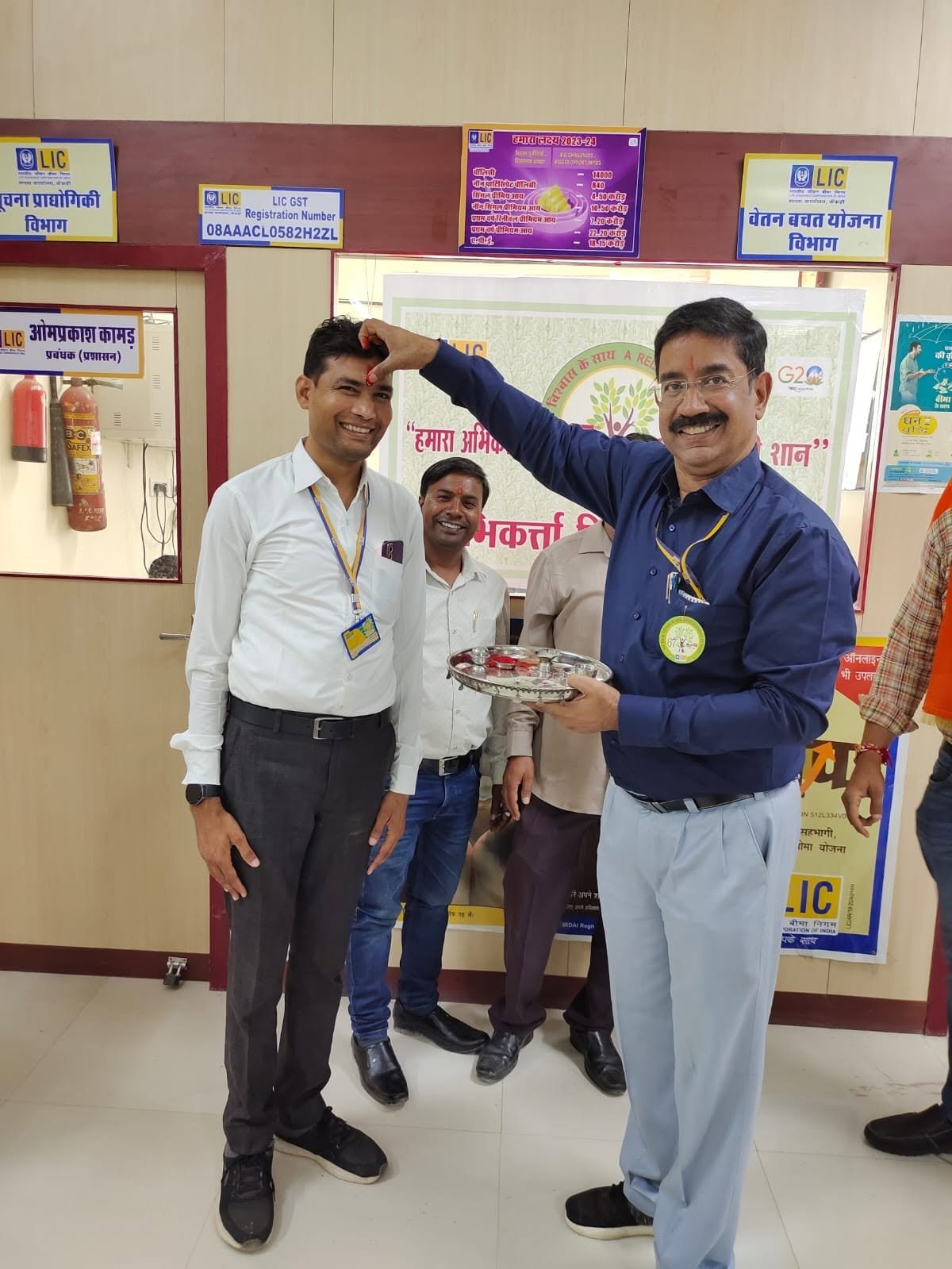 Mohan Lal Mali being blessed with tilak at LIC Kekri branch office